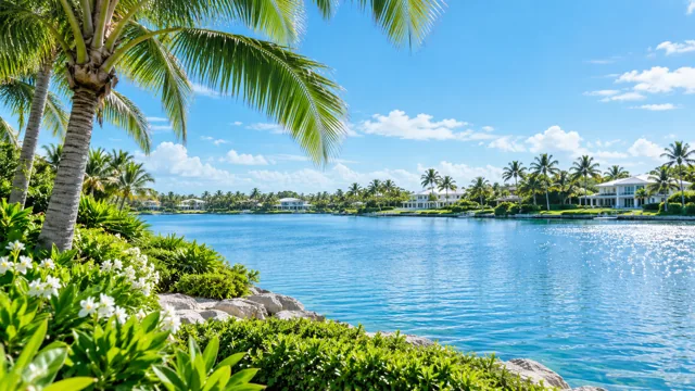 Illustrative palm-lined lake and tropical landscaping