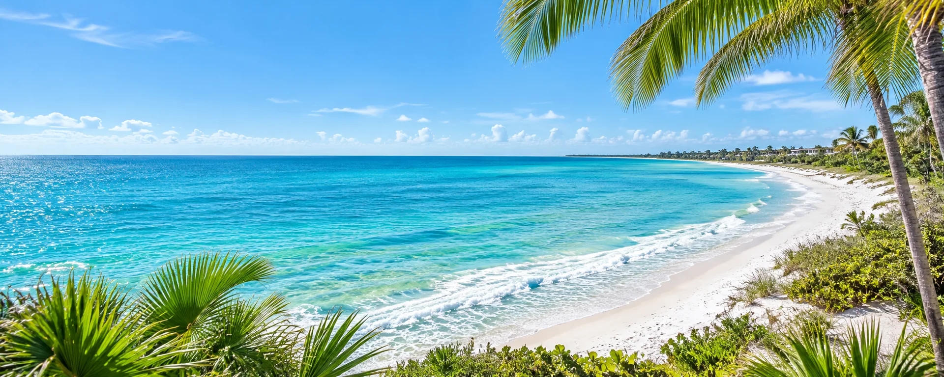 Illustrative coastal scene with turquoise water, a pale sandy shore and sunlit palms
