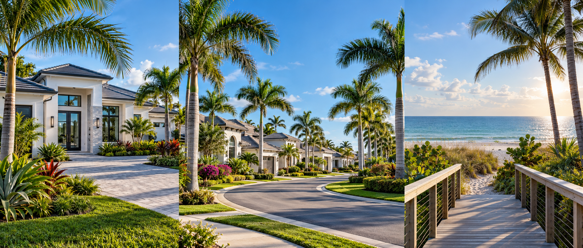 Coastal Southwest Florida homes, palm-lined neighborhood and Gulf beach